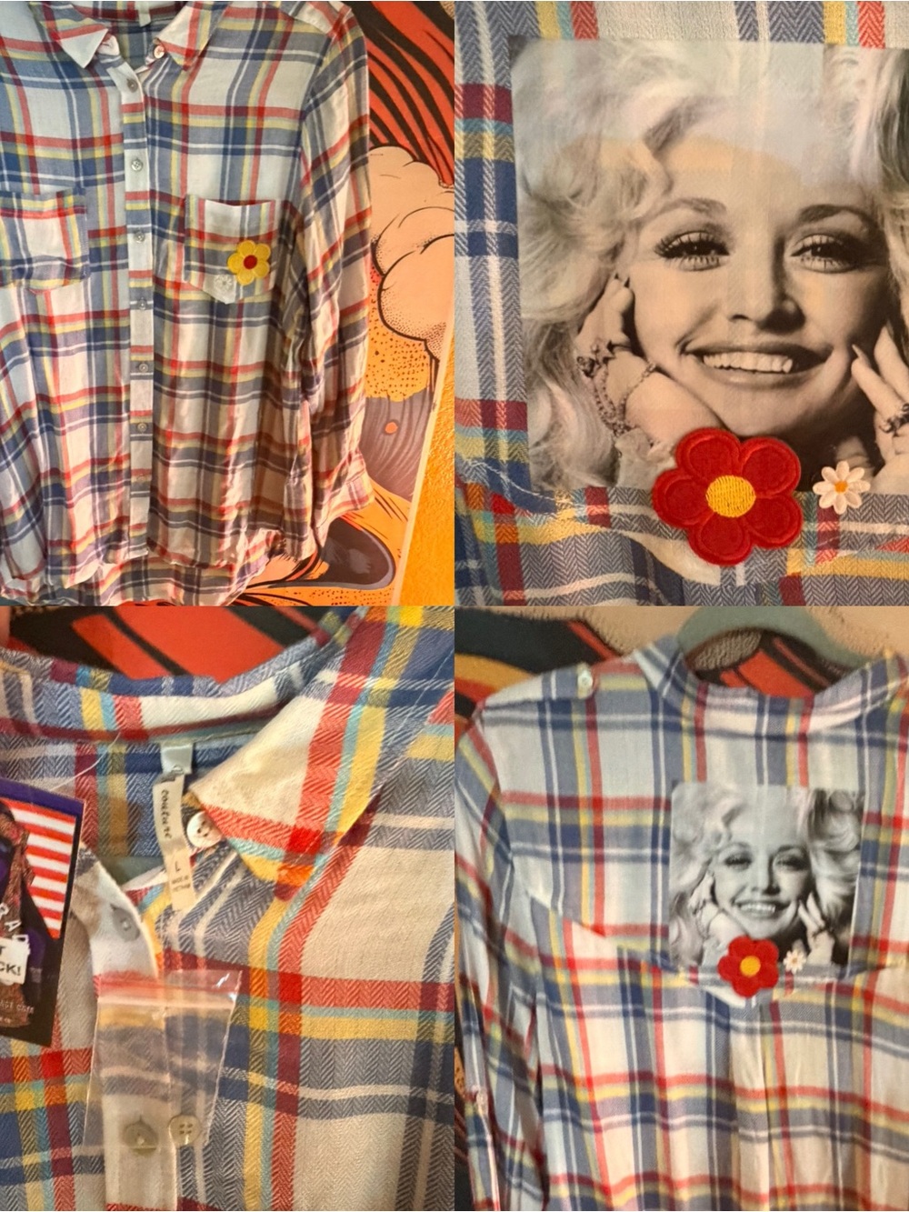 CUSTOM DOLLY PARTON BUTTON DOWN PLAID RAINBOW ONE OF A KIND SHIRT LARGE